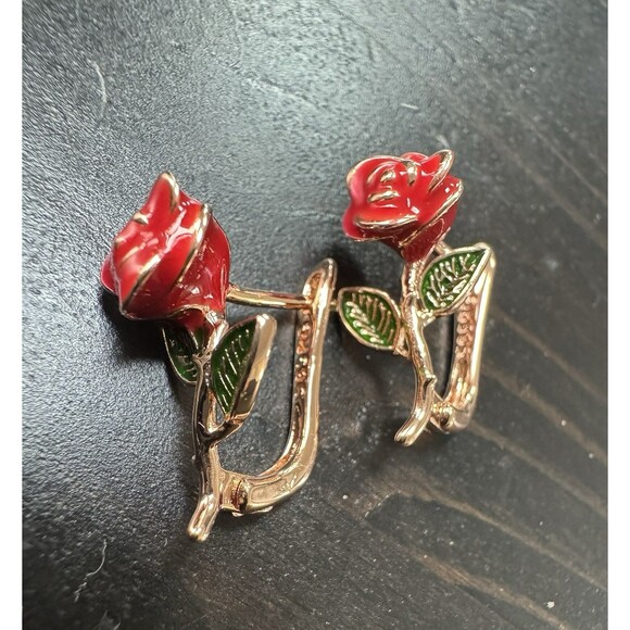 585 14K RG Stamped Rose Gold Romance Red Rose Enamel Stud Earrings - Picture 1 of 12